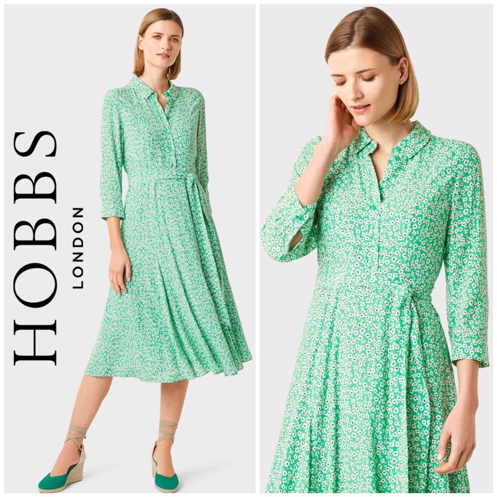 🍀 Hobbs, Frederica Floral Belted Midi Shirtdress